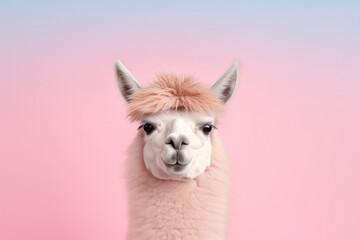 Naklejka premium fluffy pink fur llama portrait on a pink background created with AI generative tools