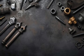 Auto mechanic's tools on grey stone table with copy space	