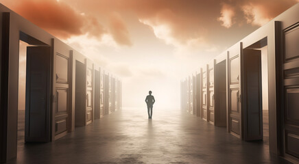 hallway of open doors doors open to different worlds hd wallpaper