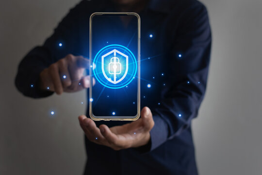 Image of hand pointing icon on mobile smartphone, lock screen, cyber security concept.