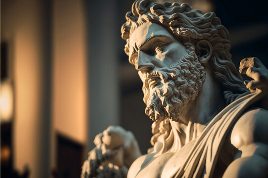 Marble statue of the ancient Greek god Zeus,  Antique sculpture, Zeus in Greek mythology is known as Jupiter in Roman mythology. created with ai