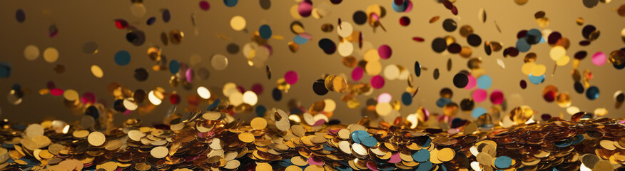Anniversary rainbow and gold color background with falling confetti and light effects.  Generative...