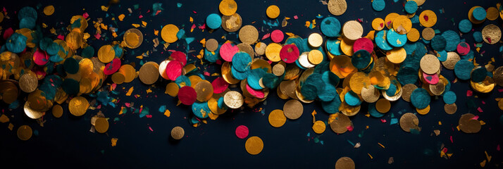 Anniversary rainbow and gold color background with falling confetti and light effects.  Generative AI. - obrazy, fototapety, plakaty