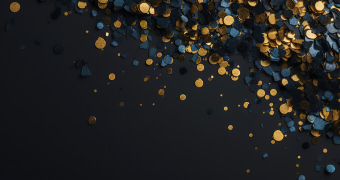 Anniversary dark grey and gold color background with falling confetti and light effects.  Generative AI.