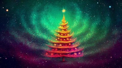 A green Christmas tree with a shining star at the top, on a background of swirling light and stars in the sky, Generative AI