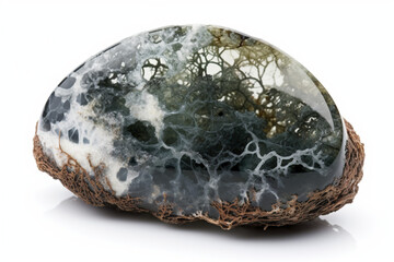 Moss agate. Natural gemstone on the white background.  Generative AI.
