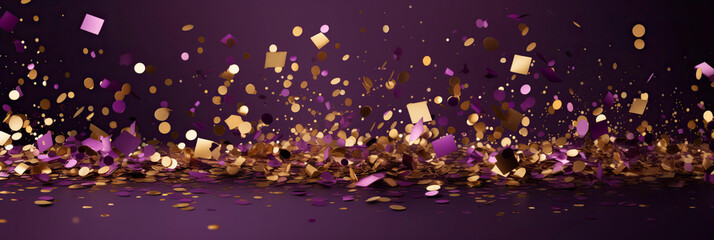 Anniversary purple and gold color background with falling confetti and light effects.  Generative AI.