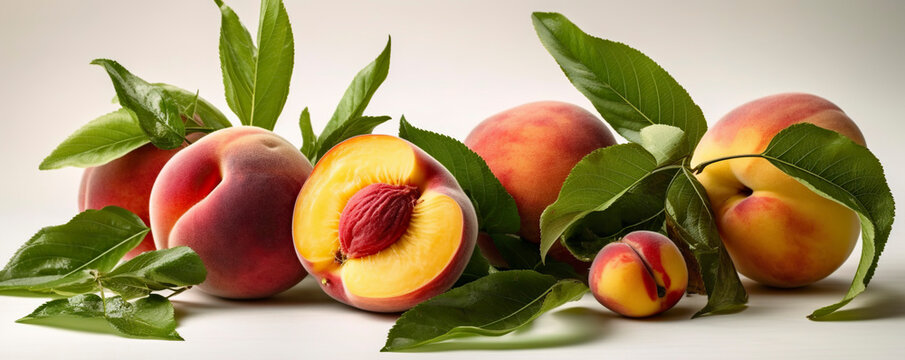 Peaches border Fresh juicy fruits on the white background. Decoration element.  Generative AI.