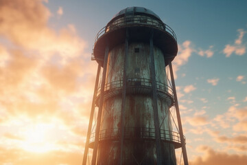 A closeup shot of an abandoned water tower against a sunset background - Generative AI