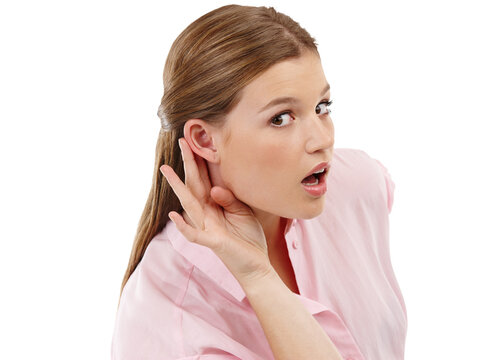 Portrait, hand and ear with a woman listening to gossip or news isolated on a transparent background. Privacy, secret and hearing with an attractive young woman looking curious or inquisitive on PNG