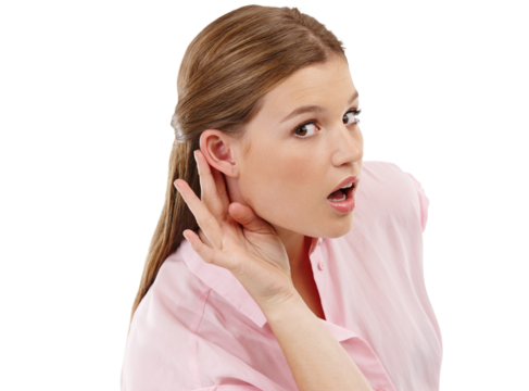 Portrait, hand and ear with a woman listening to gossip or news isolated on a transparent background. Privacy, secret and hearing with an attractive young woman looking curious or inquisitive on PNG