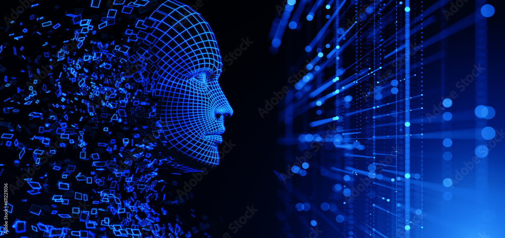 Poster digital human face. artificial intelligence ai. dispersion dissolve disintegration