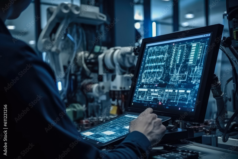 Poster engineer using digital tablet checking on monitoring system software , smart factory automotive indu