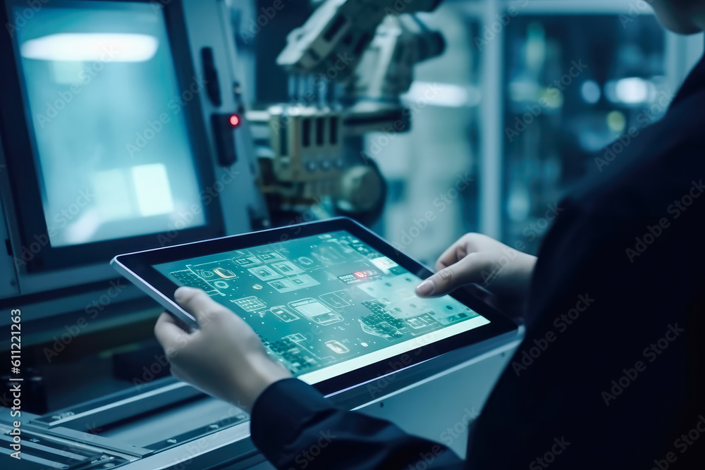 Poster engineer using digital tablet checking on monitoring system software , smart factory automotive indu