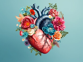 Human heart with wild colorful flowers. Flat lay. Top view  - obrazy, fototapety, plakaty