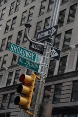 City street sign one way and pedestrian