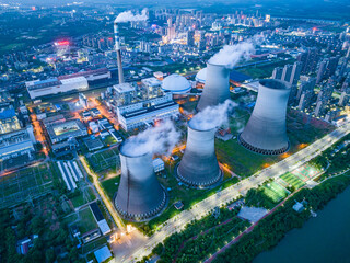 Thermal power plant night view, cooling tower