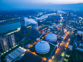 Thermal power plant night view, cooling tower