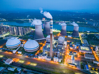 Thermal power plant night view, cooling tower