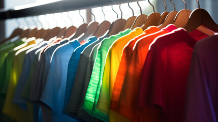 Obraz premium Bright colored tshirts hung neatly on hangers inside a laundromat