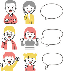 吹き出しと色々な世代の笑顔の男女・家族　イラストアイコンセット
