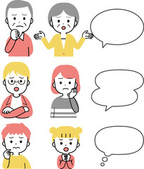 吹き出しと色々な世代の困った顔の男女・家族　イラストアイコンセット