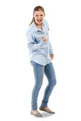 Portrait, success and excited woman in celebration isolated on transparent png background. Winner, yes and happy person celebrate winning lottery, bonus or promotion, prize or fist pump for good news