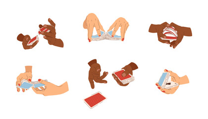 Vector casino player set of playing cards in hands. Croupier shuffle. Multicultural casino players. Illustrations for gambling industry. Cards, rules and web banners for online casino