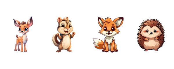 A transparent background set of cartoon Deer, Chipmunk, Fox, and Hedgehog. Generative AI.