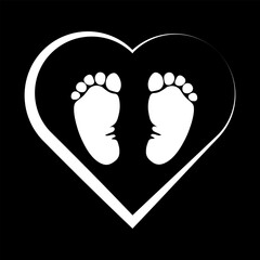 silhouette of baby feet barefoot ,heart icon on black background. Installed.