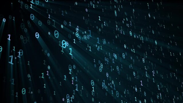 Cloud technology conception, chaotically slow moving zero and one real digits as a symbol of binary code on black background with rays, 4K tech animation
