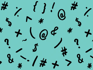 pattern with the image of keyboard symbols. Punctuation marks. Template for applying to the surface. pastel green blue background. Horizontal image.