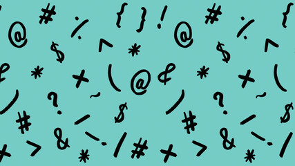 pattern with the image of keyboard symbols. Punctuation marks. Template for applying to the surface. pastel green blue background. Horizontal image.