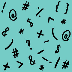 pattern with the image of keyboard symbols. Punctuation marks. Template for applying to the surface. pastel green blue background. Square image.