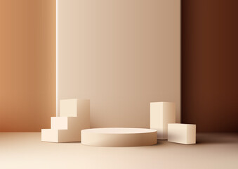 3D realistic studio room beige color podium stand with ladder steps success and geometric elements on brown background © rarinlada