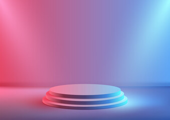 3D realistic empty neon colors podium stand steps with spotlight on pink and blue gradient background modern minimal style