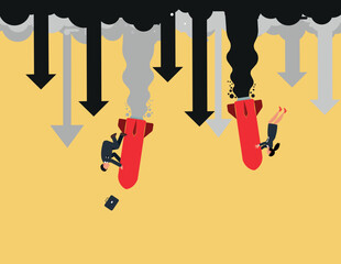 Business risk and failure. Business men and woman clinging to a falling rocket