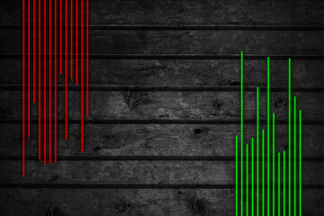 Grunge black wooden background with red green neon laser lines. Vector retro design