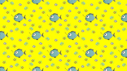 seamless pattern. Set with fish. Sea and river fish. Horizontal image.