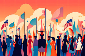 African American crowd celebrating the United States Independence Day with the American flag waving and a high women attendance. Generative AI