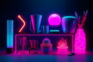 Neon desk with objects.