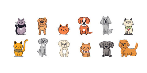 A set of beautiful and cute cartoon cats and dogs. hand drawn vector illustration