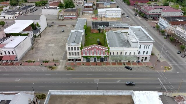 Downtown Selma, Alabama with drone video moving right to left.