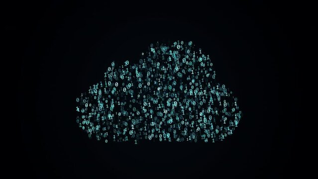 Cloud technology conception, chaotically slow moving zero and one real digits as a symbol of binary code creating a 3D cloud shape on black background, 4K tech animation