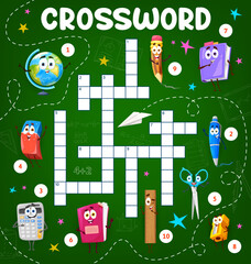 Crossword grid cartoon school characters. Quiz game for children. Vector pencil, globe, pen, sharpener and book. Scissors, ruler, eraser, notebook and calculator funny personages on green blackboard