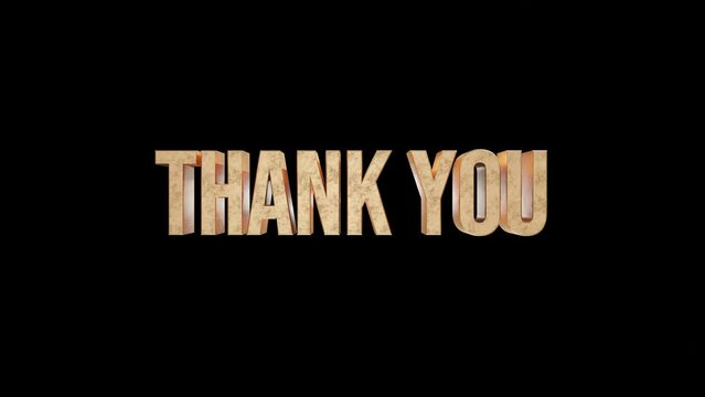 3d text animation thank you gold texture in black isolated background. 3d text illustration rendering 4k looping video