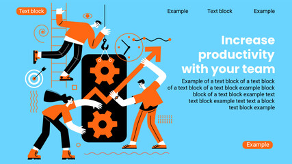 Organization and management of the workflow. Design and automation of work processes. Increase the productivity of your office. Banner template. Flat isometric vector illustration.