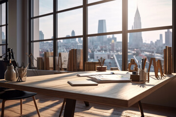 
an office with wood desks and glass walls, in the style of high detailed, grey academia, wood, photo-realistic landscapes, vintage minimalism, light silver and light brown