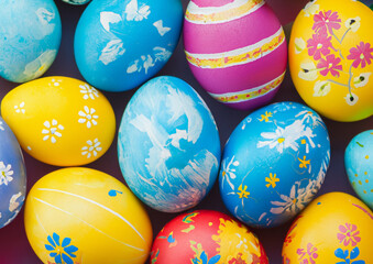 Colorful Easter eggs background. holiday, Easter background. Colorful Easter eggs on the green garden yard. symbol of Easter's day festival. vivid color natural background. festive wallpaper.
