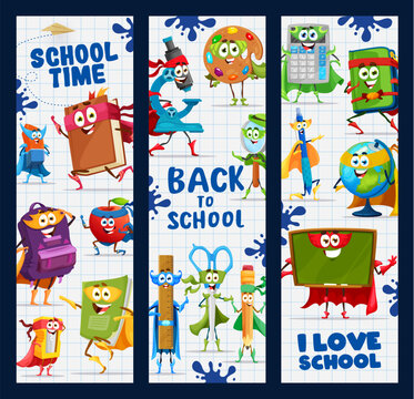 Back to school banners with cartoon stationery superhero characters. Vector vertical cards with funny textbook, ruler, paints, and magnifying glass. Rucksack, blackboard, globe and pen or microscope
